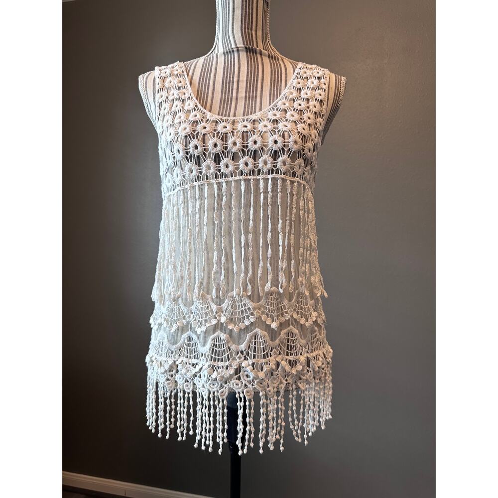 Vintage Say What? Ivory Crochet Lace Fringe Tank Top Boho Festival Coverup